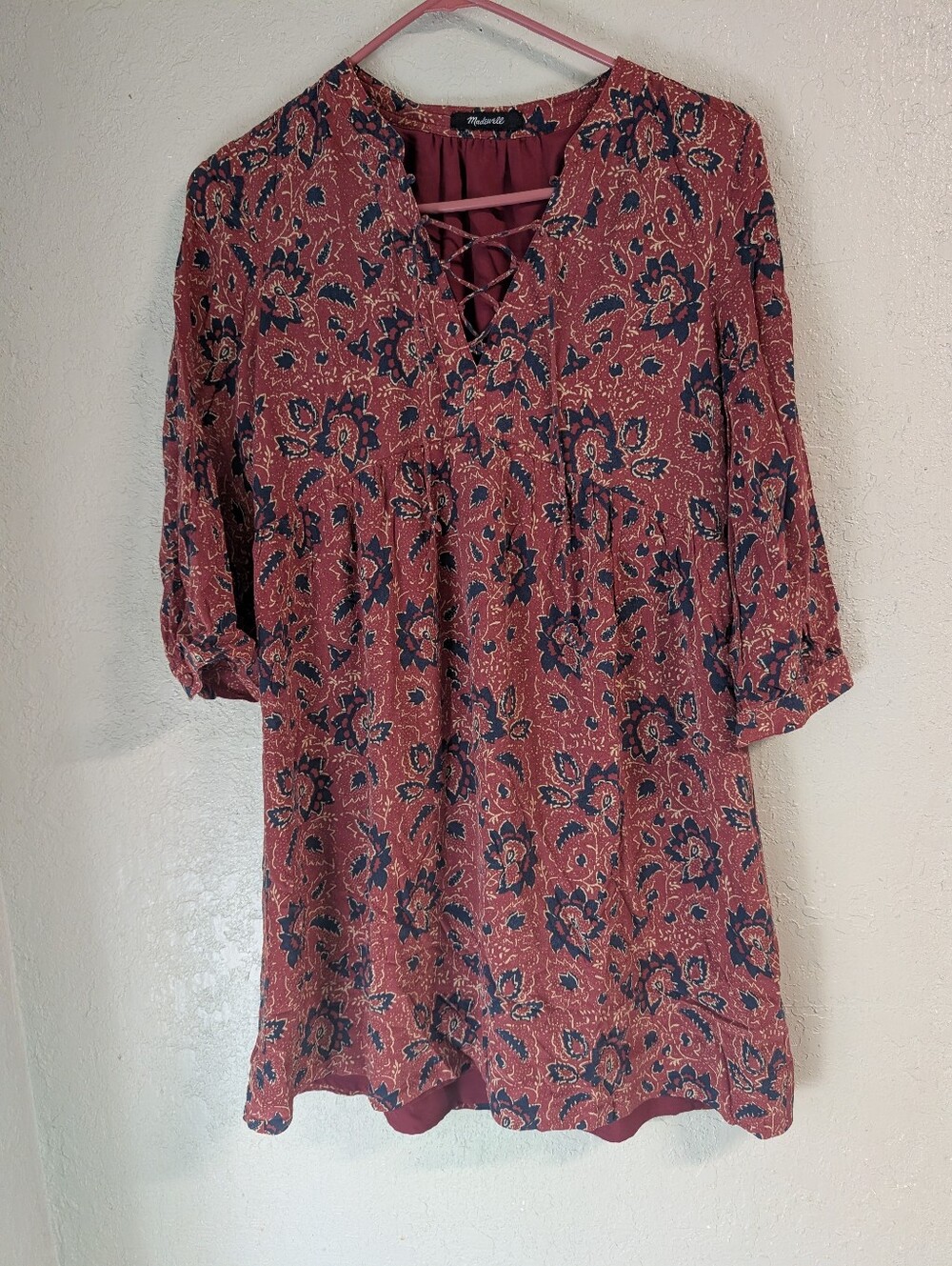 Madewell Silk Dress Burgundy Paisley Lace Up Boho 70s Mini Cottage Dainty
